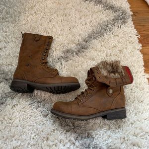 Steve Madden Brown Leather Fur Combat Boots